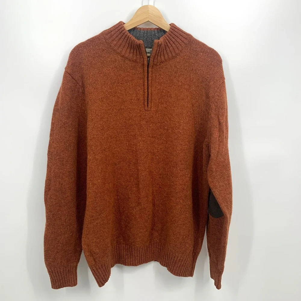 LL Bean Shetland Wool Quarter Zip Mens XL Orange Excellent Elbow Patches 285327